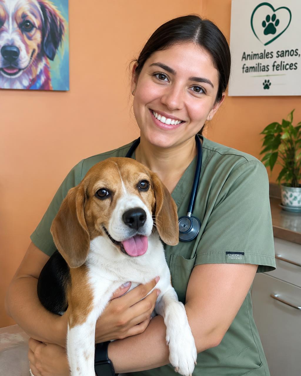 Veterinaria abrazando a un beagle